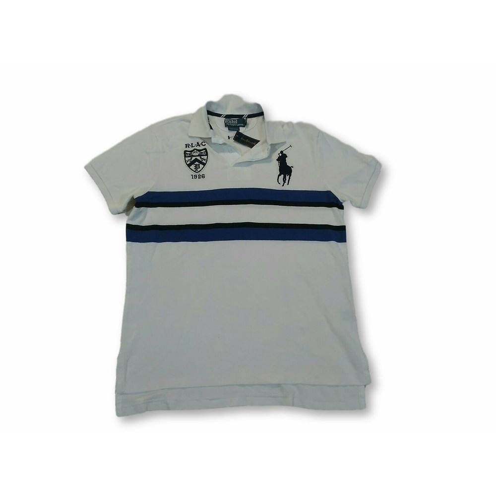 .POLO RALPH LAUREN CUSTOM FIT POLO T-SHIRT MENS SIZE L WHITE & BLUE COLOR NWT